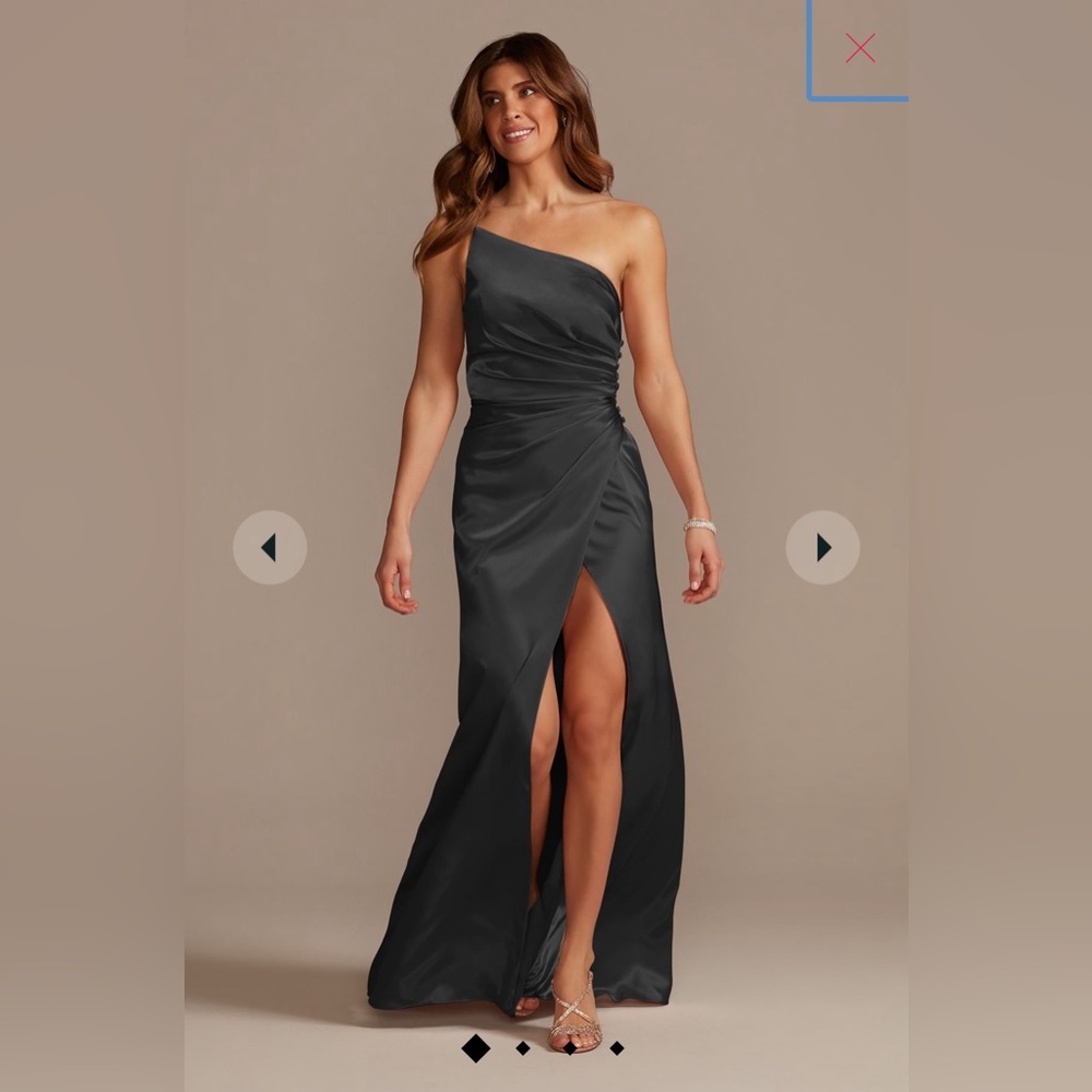 David’s Bridal Galina Signature charmeuse draped one-shoulder bridesmaid dress.